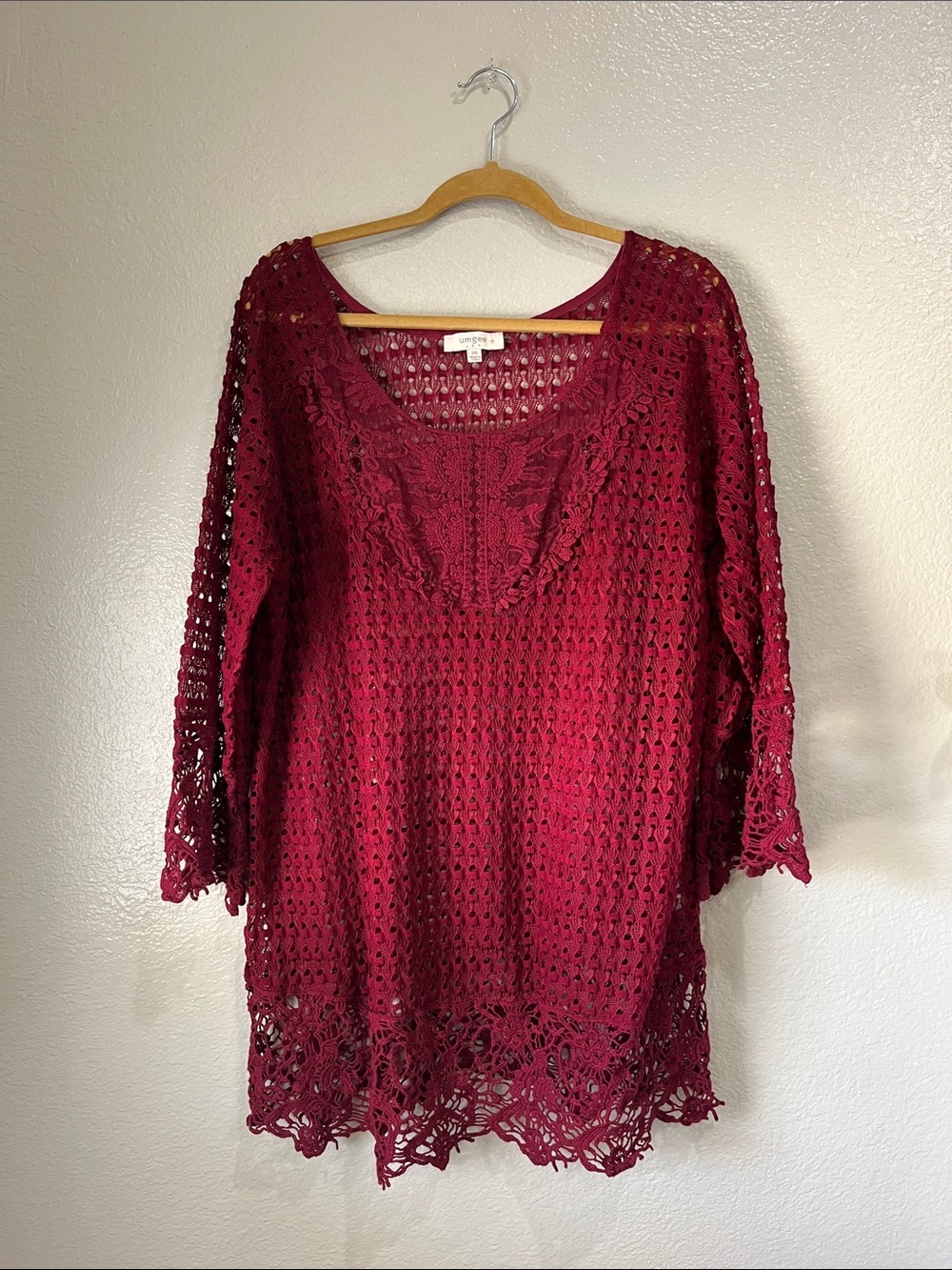 Umgee Crochet Lace Tunic Cover up Wine Red Sz 2XL Boho Summer Casual Chic TC0397